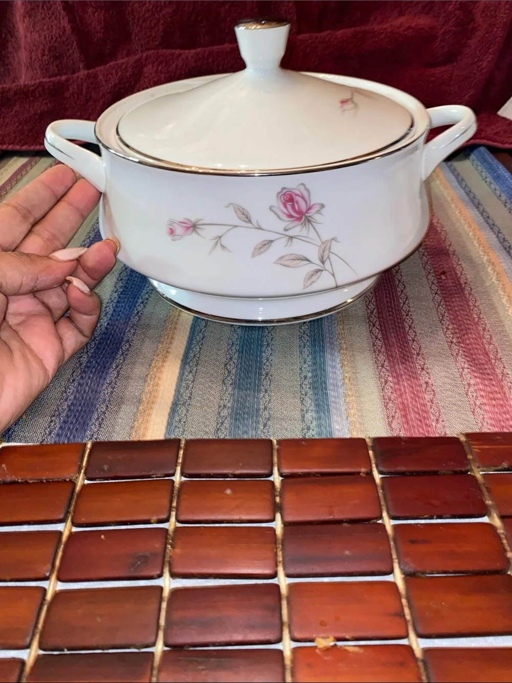 Vintage Seiza White Floral Covered Casserole Dish with Pink Rose Accent